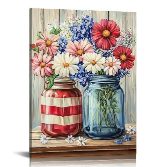 GooTPa 4th of July Patriotic Canvas Wall Art, Red and Blue Vase Decor Canvas Prints Wall Art for Living Room Bathroom Bedroom Office, Art Print Painting for Home Decorations - 12x16in