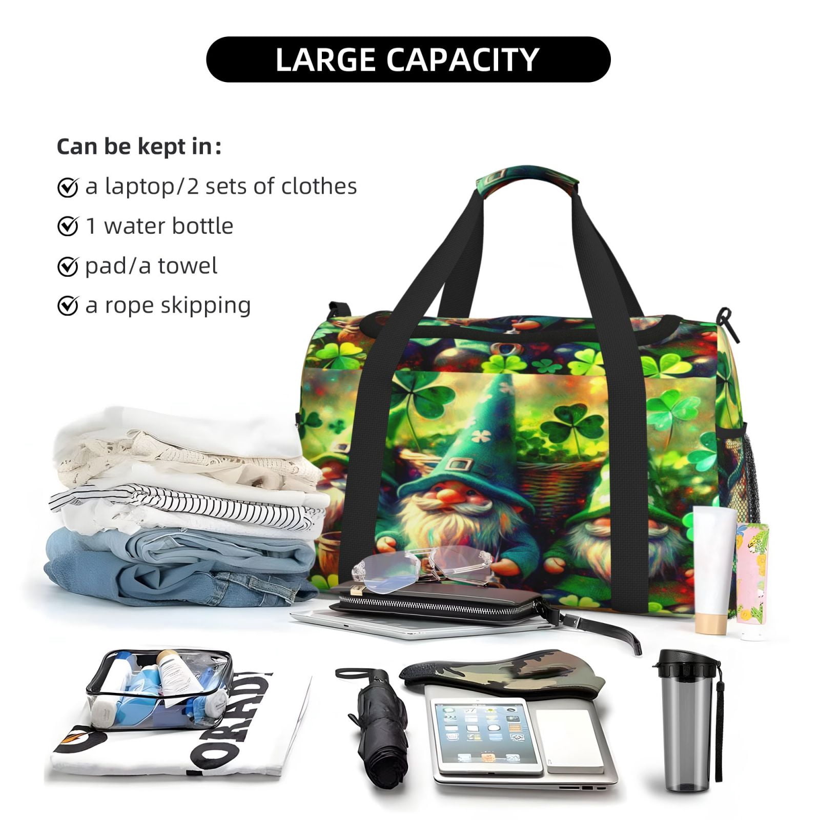 Fuzoiu St. Patrick's Day USA Flag Print Travel Duffle Bag,Carry On Tote Bags,Duffel Bag,Sport Gym Bag, Hospital Bag for Labor and Delivery, Overnight Bag,Luggage Bag