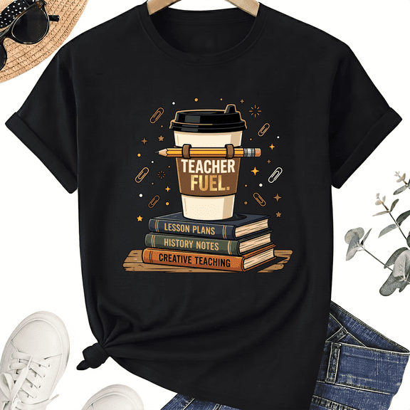Teacher Fuel Coffee T-Shirt for Women, 100% Cotton Crew Neck Short Sleeve Shirt, Lesson Plan Book Graphic