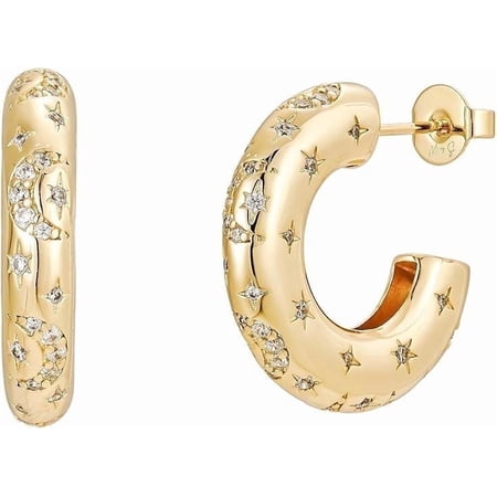 Malibu Sunday 18K Gold Plated Chunky Hoop Earrings with Moon & Star Zircon Jewelry for Women