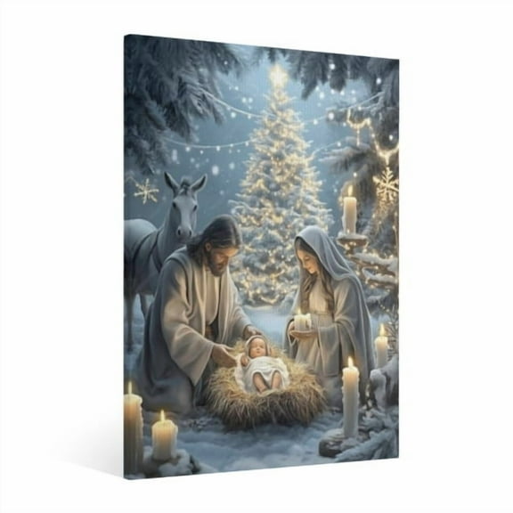 Vintage Jesus Nativity Scene Canvas Wall Art Paint Framed , Christian Watercolor Jesus Wall Art Decor,Christmas Wall Religious Artwork for Home Living Room,Bedroom Wall Decor