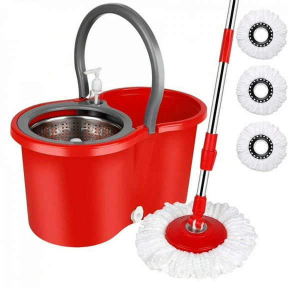 JQDWMDLX Spin Mop and Bucket with Wringer Set, 360 °   Mop And Bucket System with 3 Microfiber Mop Refills and 61" Extended Handle for Floor Cleaning,Red