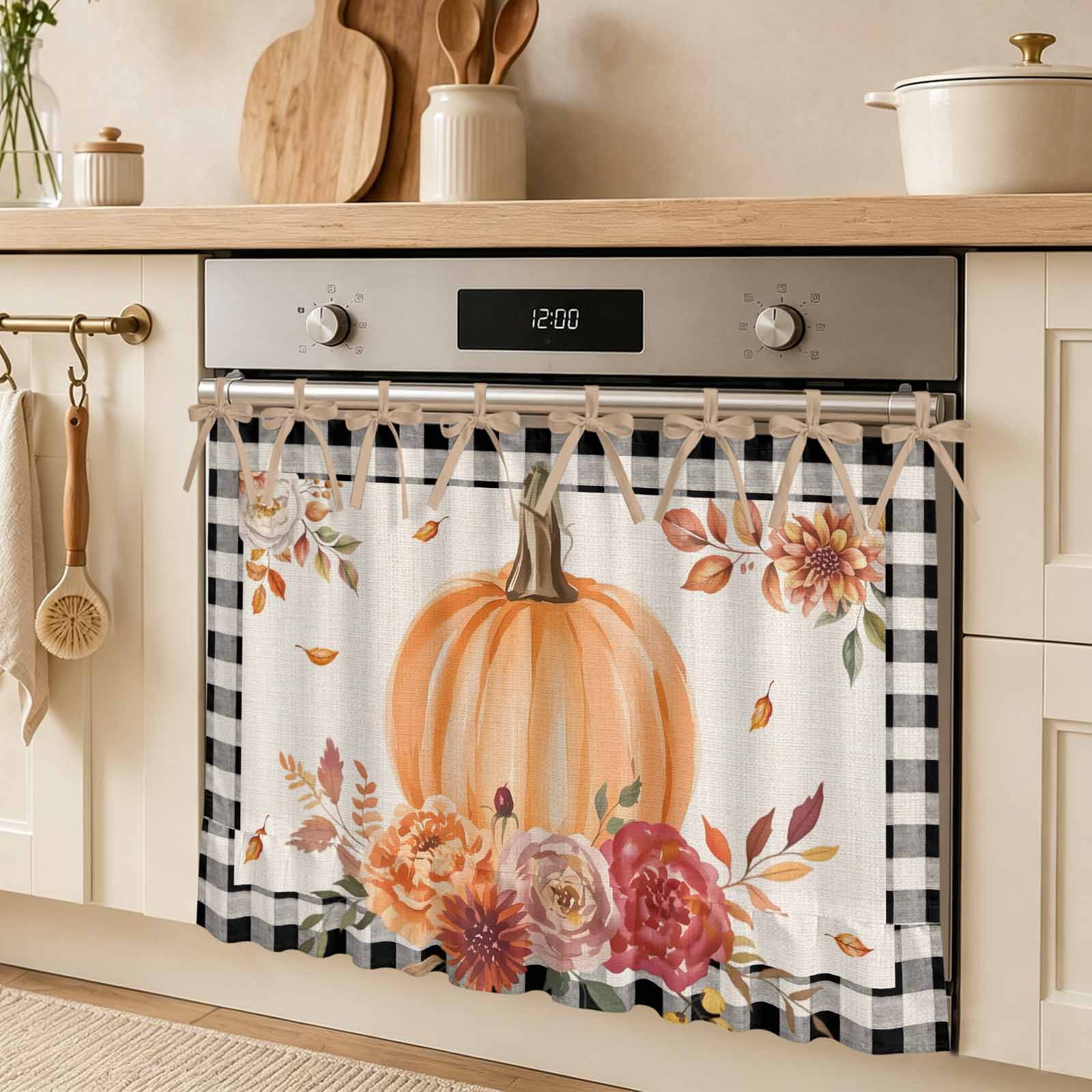 Fall Pumpkin Oven Skirt Curtain Red Flower Leaf Vintage Black White Plaid Tie Top Tier Curtains Stove Dishwasher Skirt Small Window Drapes for Kitchen Bathroom Cafe 27 x20