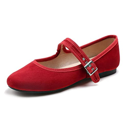 

Women s Soft Cushion Extra Padded Comfort Round Toe Mary Jane Metal Buckle Fashion Ballet Flats Walking Shoes Red Faux Suede Size 7.5 M US