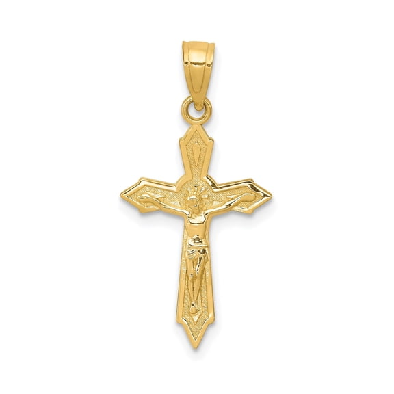 Polished Real Gold Crucifix Cross Pendant for Men and Women with Latin Cross Design Jesus Figure and Beveled Edges for Spiritual Religious Jewelry in Yellow Gold