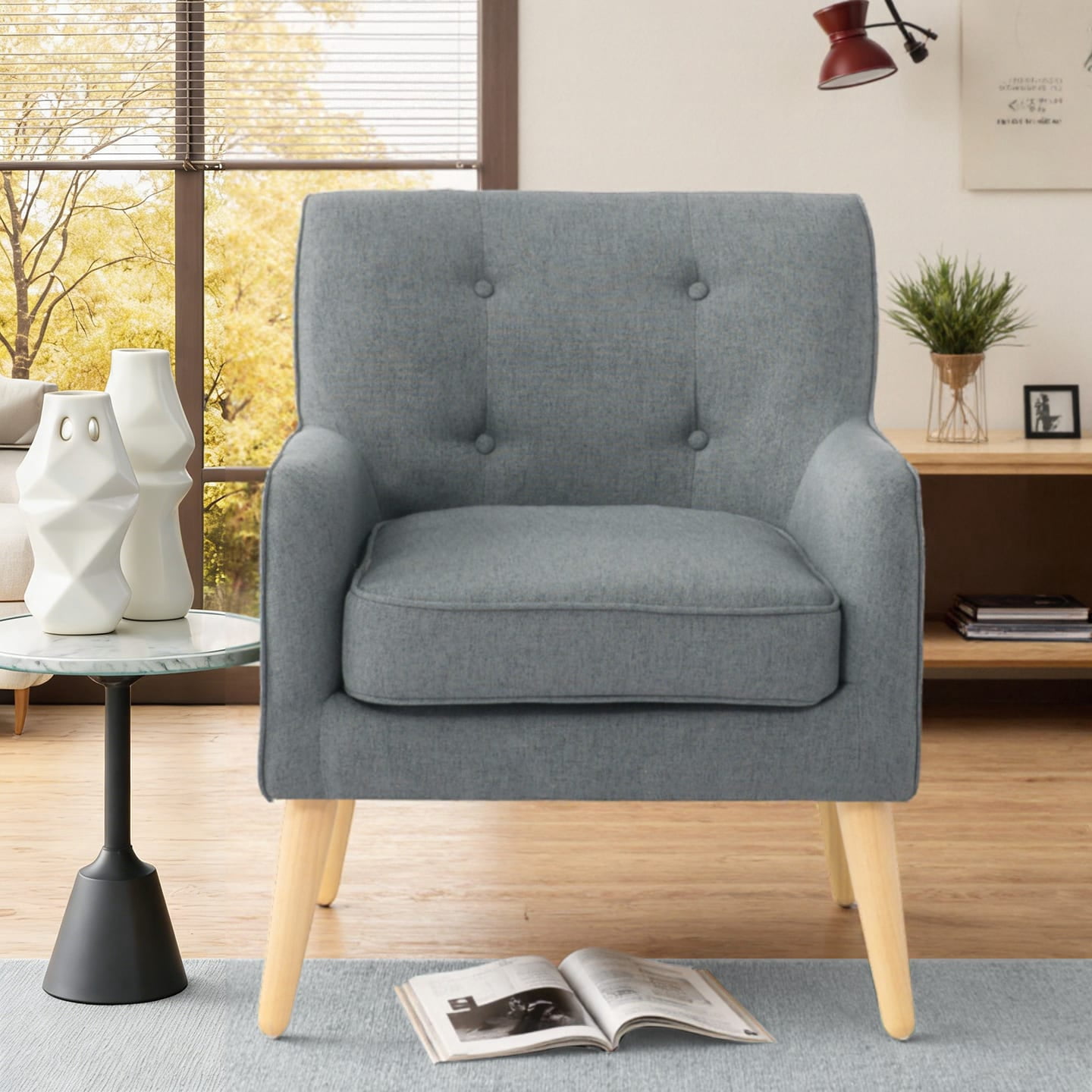 Gewnee 24.41" Linen Upholstered Accent Chair Solid Wood Frame for Living Room Bedroom Dark Grey