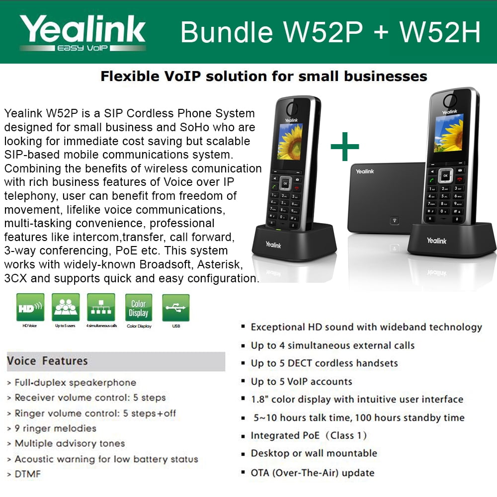 Yealink W52P + W52H Cordless VoIP Phone PoE HD Voice and Base Unit ...