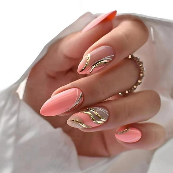 French Tip Press on Nails Medium Almond Fake Nails Press ons with Designs Chrome False Nails Long Glossy Full Cover Glue on Nails Cute Acrylic Stick on Nails for Women Nails Manicure Decoration 24Pcs