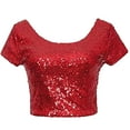 thumbnail image 5 of DuoJiaJ Fashion Women Sexy O-Neck Solid Sequins Short Sleeve Short Navel Top Blouse Tee Womenâs -Free Button-Down Shirts Red, 5 of 5