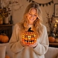 thumbnail image 5 of Vintage Halloween Pumpkin Lamp Decor, Classic Jack-o-Lantern Stained Glass Pumpkin Lamp, Soft Warm LED Ornament Light for Indoor Mantel Autumn Home Decor L A-1PC, 5 of 8