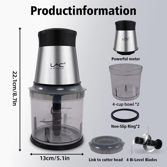 4 Cup Food Processor with Meat Grinder, 300W Motor, 2 Bowls, 2 Speeds, Easy to Clean for  Food, Meat, Onion, Vegetables, Fruits