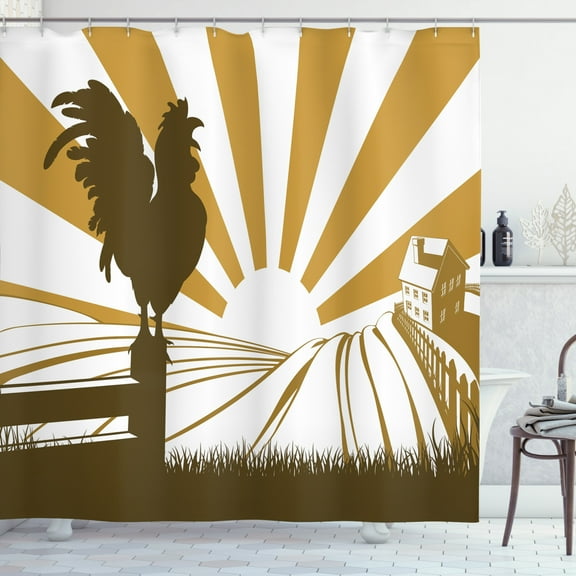 Fence Shower Curtain, Rolling Hills in a Farm at Sunrise with Rooster Cockerel Crowing, Fabric Bathroom Set with Hooks, 69W X 84L Inches Extra Long, Pale Coffee White Green Brown, by Ambesonne