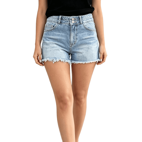 Women's High Waisted Denim Shorts, Light Blue, with Frayed Fringed Hem and Double Button Closure, Casual Summer Bottoms