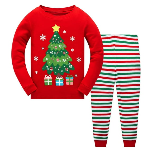 ANINEO Child Toddler Boys Girls Outfits Christmas Tree Pattern Kids Striped Pants 2 Piece Pj's Long Sleeve Sleep Xmas Outfits Holiday O-Neck Clothes Sets