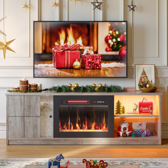 Pinmoco Electric Fireplace TV Stand for TVs up to 70", LED Entertainment Center With Cabinet & Shelves, TV Media Console Table for Living Room, Bedroom, Gray
