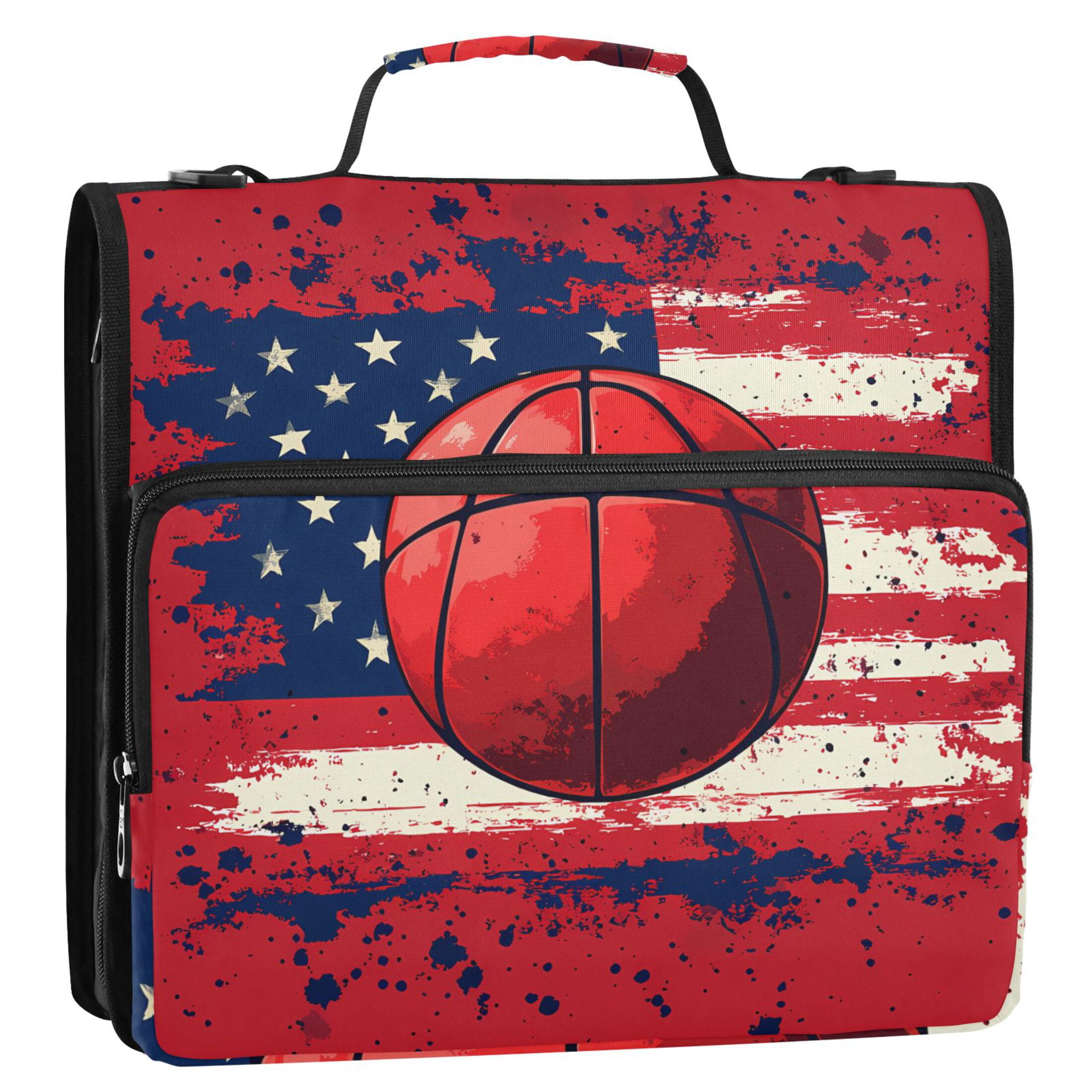 3 Ring Zipper Binder with Shoulder Strap Waterproof Trapper Keeper 2 Inch D-Ring 500 Sheets Capacity Basketball and American Flag