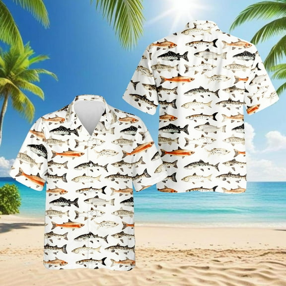 Fish Pattern Hawaiian Shirt for Men, Retro Style, Button Down Summer Beach Short Sleeve, S-5XL