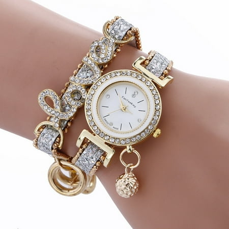 White Leather Rhinestone - Fashion Women Girls Metal Case Leather Rhinestone Bracelet Quartz Elegant Wrist Watch White