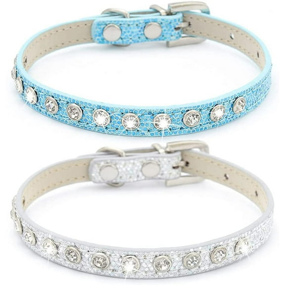 Safety Cat Collars Silver Leather Rhinestone Kitten Collar Adjustable Bling Classy Pet Collars for Cats Puppy Rabbits and Small Dogs (Pack of 2)