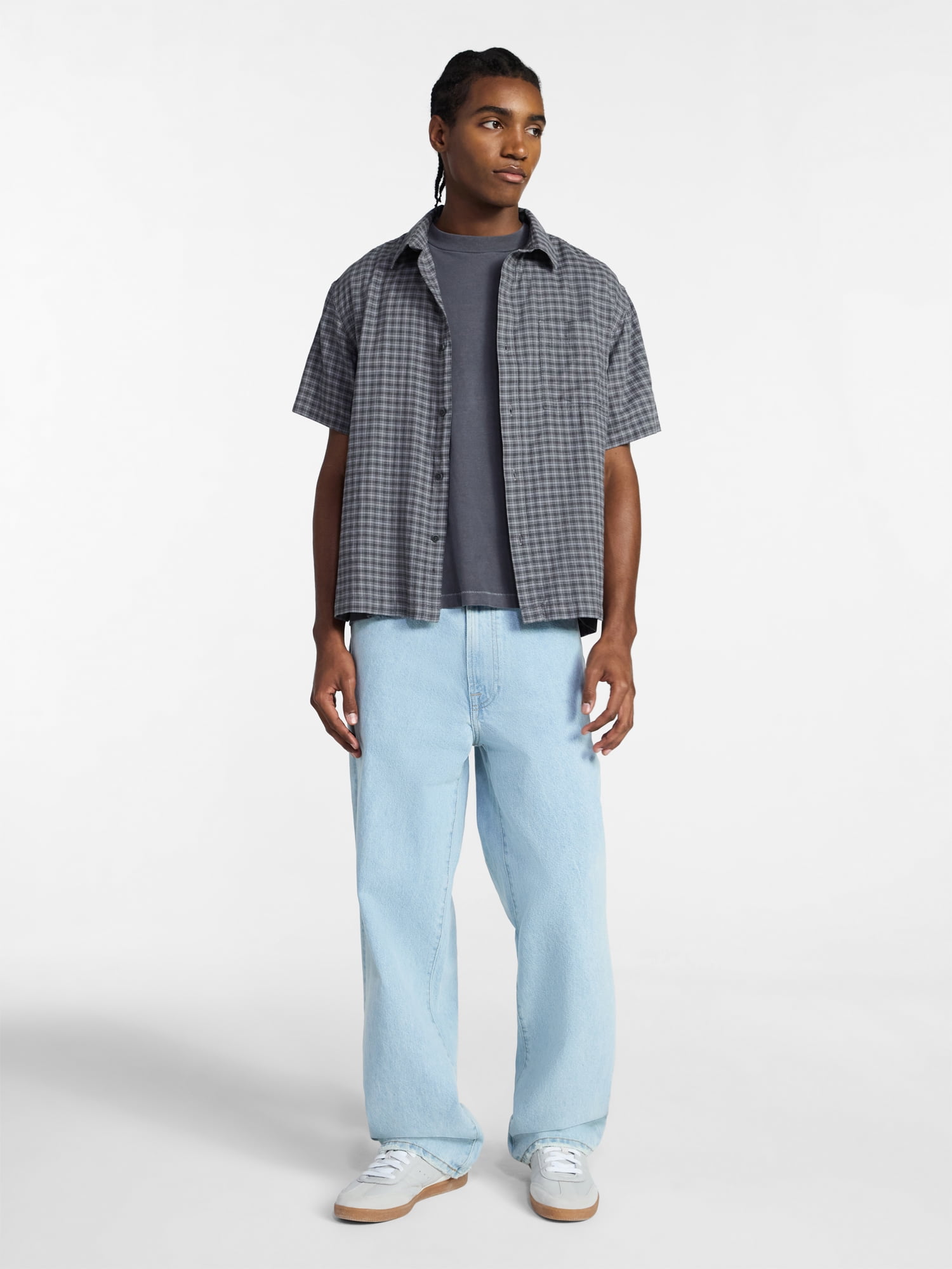 No Boundaries Plaid Shirt with Short Sleeves, Men's XS-4XLT