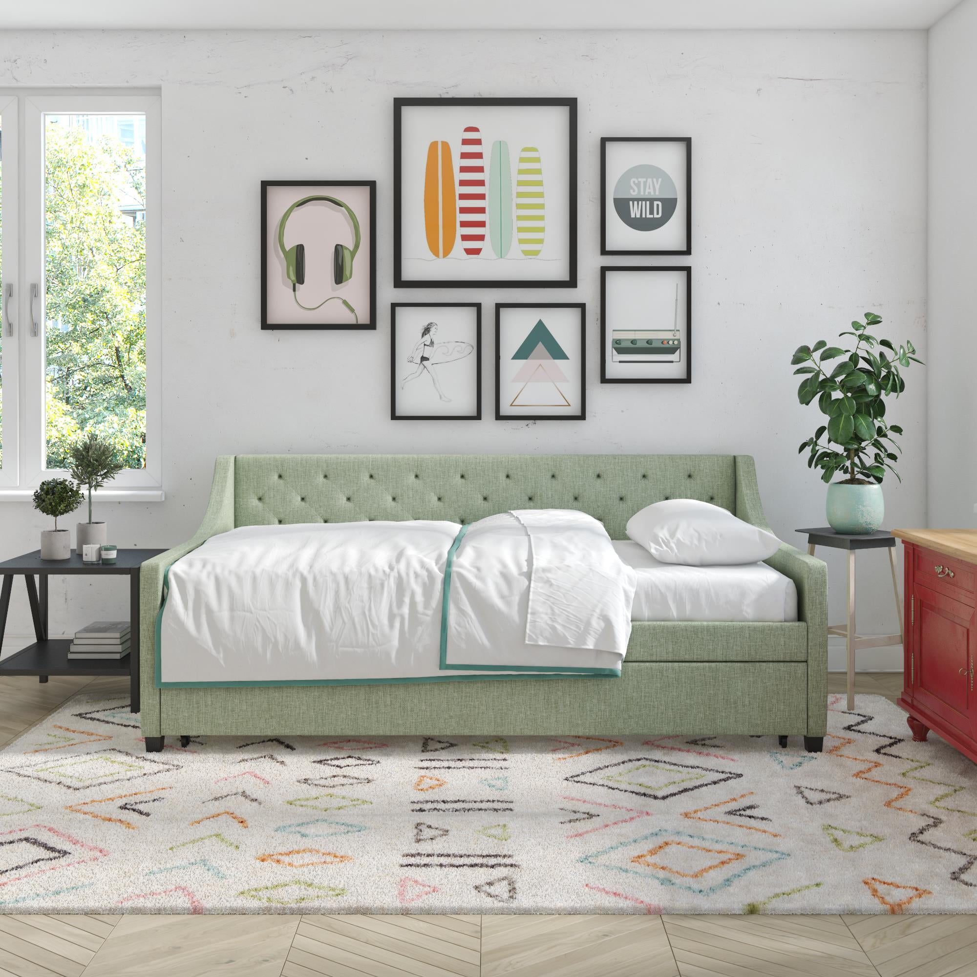 Novogratz Her Majesty Daybed and Trundle Light Jade Green Linen