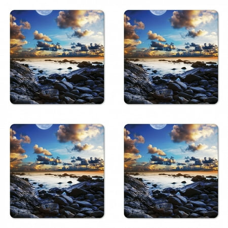 

Ocean Coaster Set of 4 Full Moon Dark Clouds Rocky Coastline Scenic Seascape Morning View Picture Square Hardboard Gloss Coasters Standard Size Blue Orange Black by Ambesonne