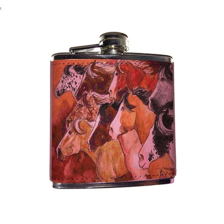 

KuzmarK Pink Leather Flask - Colorful Mustangs Wild Horse Art by Denise Every