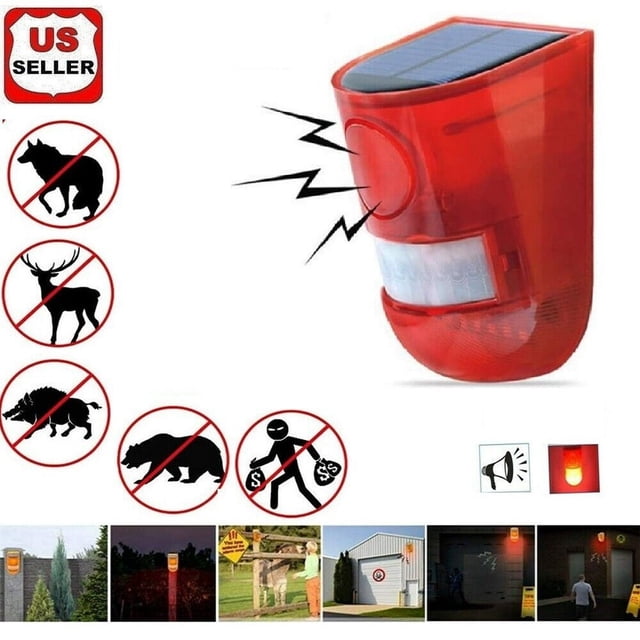 HLONK Solar Motion Sensor Detector Siren Sound Alarm LED Warning Strobe Flashing Red Light Security Outdoor Device for Home Warehouse Farm