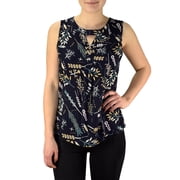 Peach Couture Womens Floral Leaf Print Button Up Neck Summer Blouse Top Shirt Navy Small
