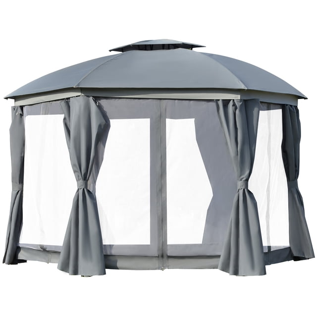 Outsunny Gazebo Extérieur Rond de 12 Pieds avec Moustiquaires et Rideaux, Gris Foncé