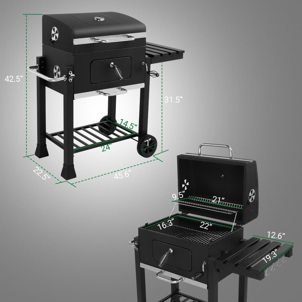 Hassch Outdoor Charcoal Grill with 2 Wheels, Heavy Duty Cooking Grill with Foldable Side Table, Hanging Hooks and Storage Shelf for Picnic, Party, Camping, Black