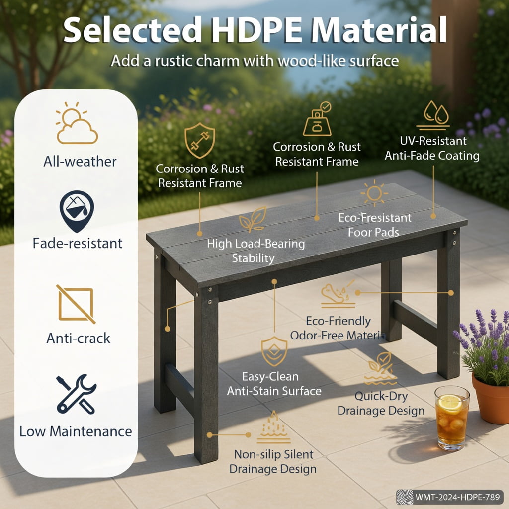 Hommoo 55" HDPE Outdoor Patio Bench for 2-3 People, Weatherproof, Backless Garden Bench, Gray