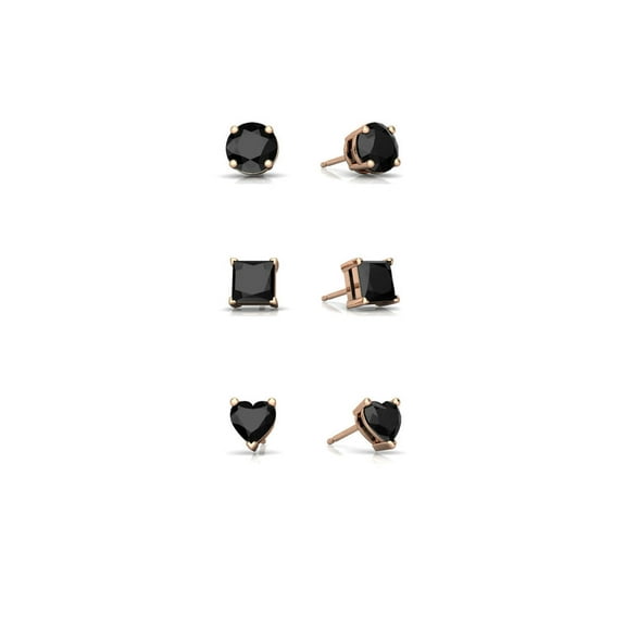 Bonjour Jewelers 18k Rose Gold Black Moissanite 3 Pair Round, Square And Heart Stud Earrings Plated 6mm