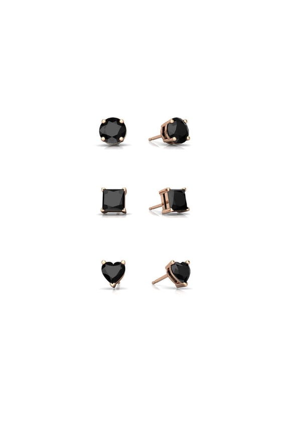 18k Rose Gold Black Moissanite 3 Pair Round, Square And Heart Stud Earrings Plated 4mm