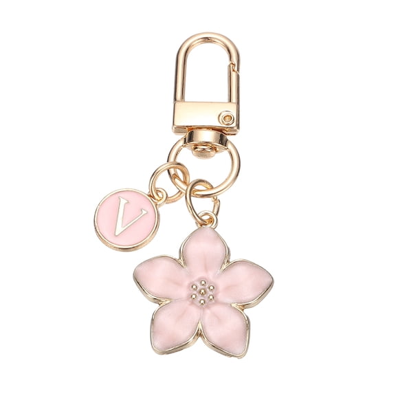 Uxcell Flower Initial Keychain, Letter Keychain Charm Graceful Flower with Letter V for Women Pendant Key Wallet Handbag Backpack Bag Accessories, Pink