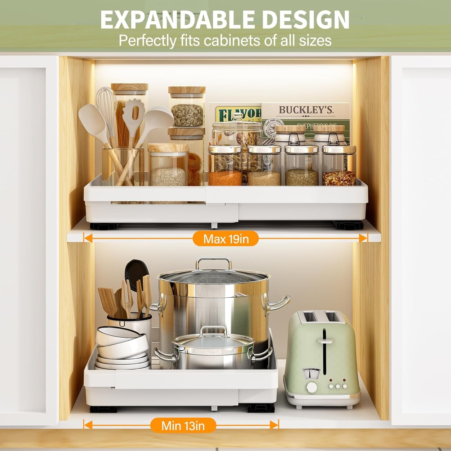 2 Pack Expandable Pull Out Cabinet Organizer, AOKIWO Slide Out Drawers Storage with Adhesive Nano Film for Kitchen Pantry Under Sink (White, 13''-19'')
