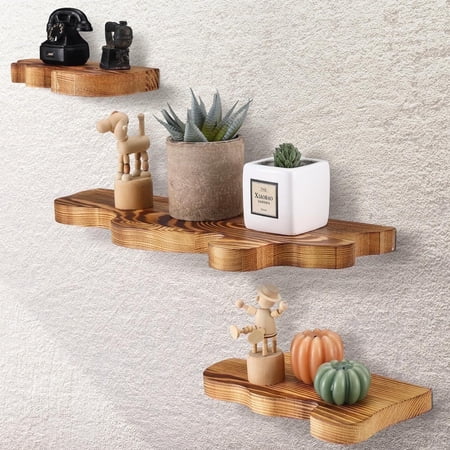 MEHOOM Set of 3 Live Edge Solid Wooden Floating Shelves, Rustic Farmhouse Vintage Wall Shelf Display Decor for Living Room, Bathroom, Bedroom, Brown