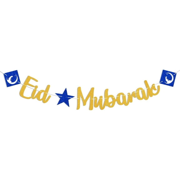 Eid Mubarak Banner - Eid Festival Muslim Islam Party Decor, Ramadan Kareem Banner, Ramadan Mubarak Party Decorations Gold Glitter