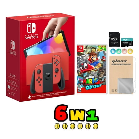 2023 New Nintendo Switch OLED Model Mario Red Edition Joy Con 64GB Console HD Screen & LAN-Port Dock with Super Mario Odyssey, Mytrix 128GB MicroSD Card and Accessories -JP Version Region Free