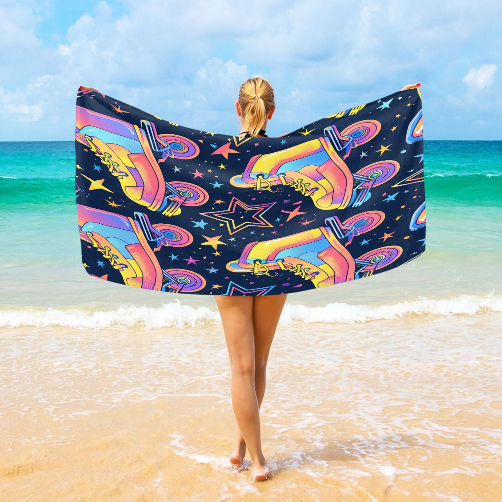 Retro Rollers Skates Stars Beach Towel Oversized Sandproof Absorbent Quick Dry Towels Adult for Travel Vacation Essentials