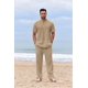 thumbnail image 2 of Conjunto de camisas Henley y pantalones de playa casuales de algodón de 2 piezas para hombre, 2 of 8