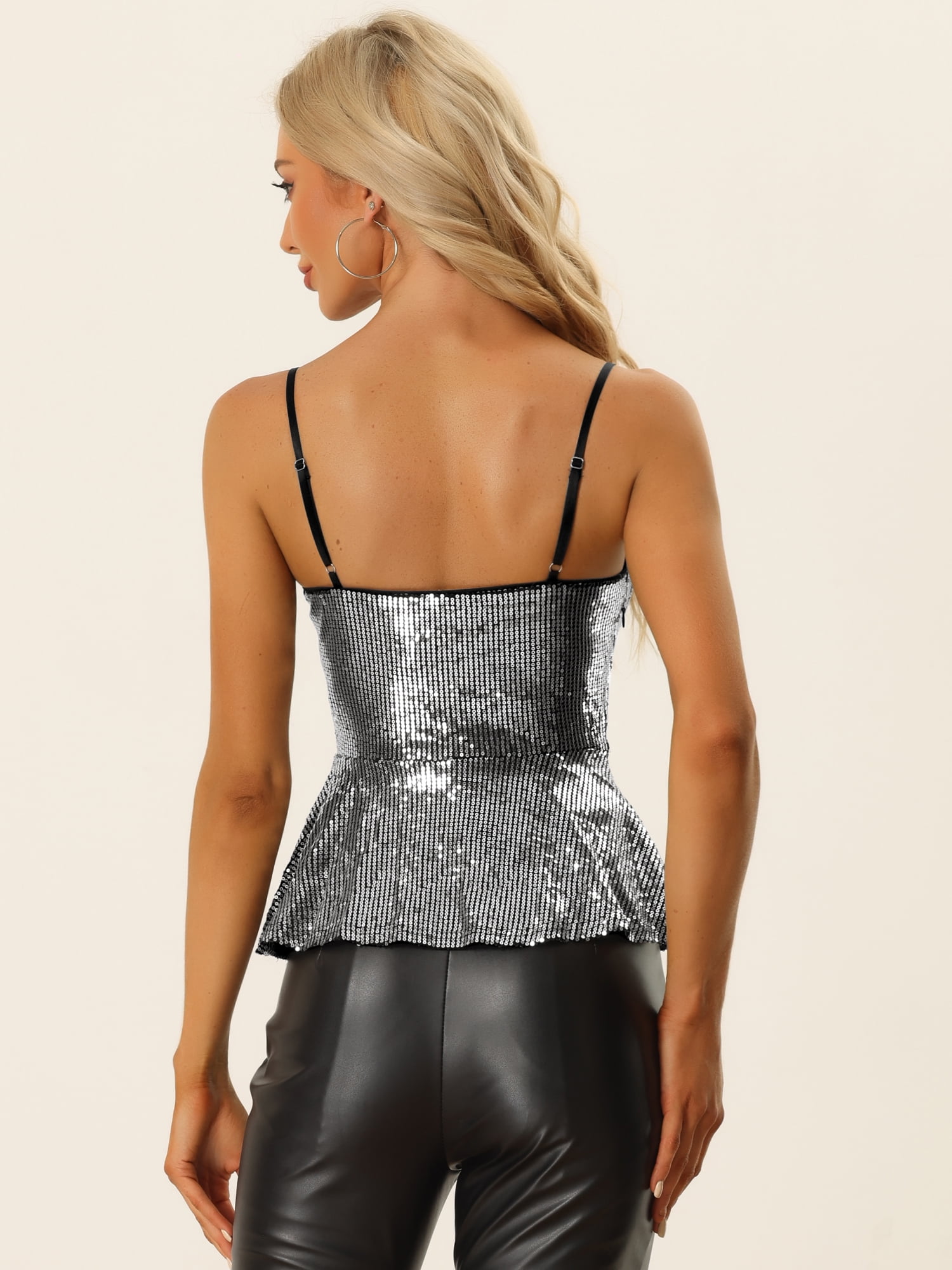 DARING DIVA Women's Spaghetti Strap Ruffles Peplum Sequin Tank Top S Black