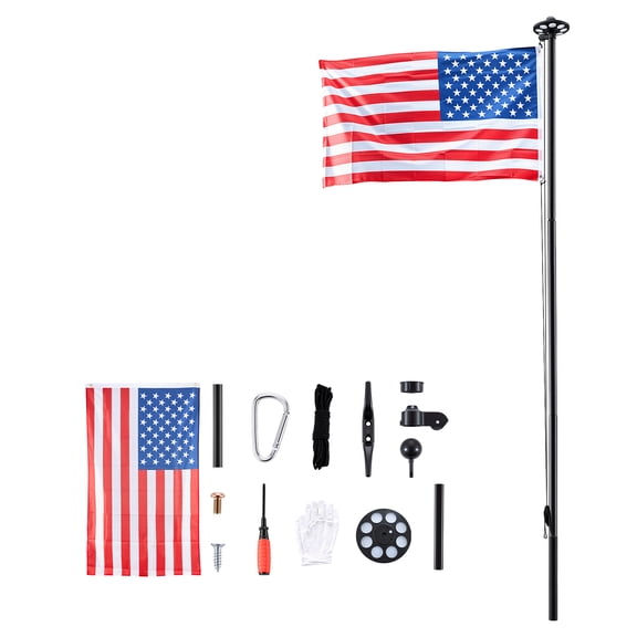 KFFKFF 20ft Heavy-Duty Sectional Flagpole Kit with 136 LED Solar Light, Outdoor Aluminum Flagpole with 3x5 American Flag for Residential, Commercial, and Yard Use, Black