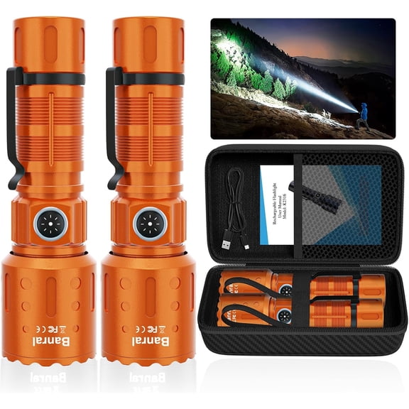 Banral Flashlights High Lumens Rechargeable, Super Bright Long Range Small Powerful Flashlight, 6 Modes LED Tactical Pocket Waterproof Flash Light for Home Emergency (2, Orange)