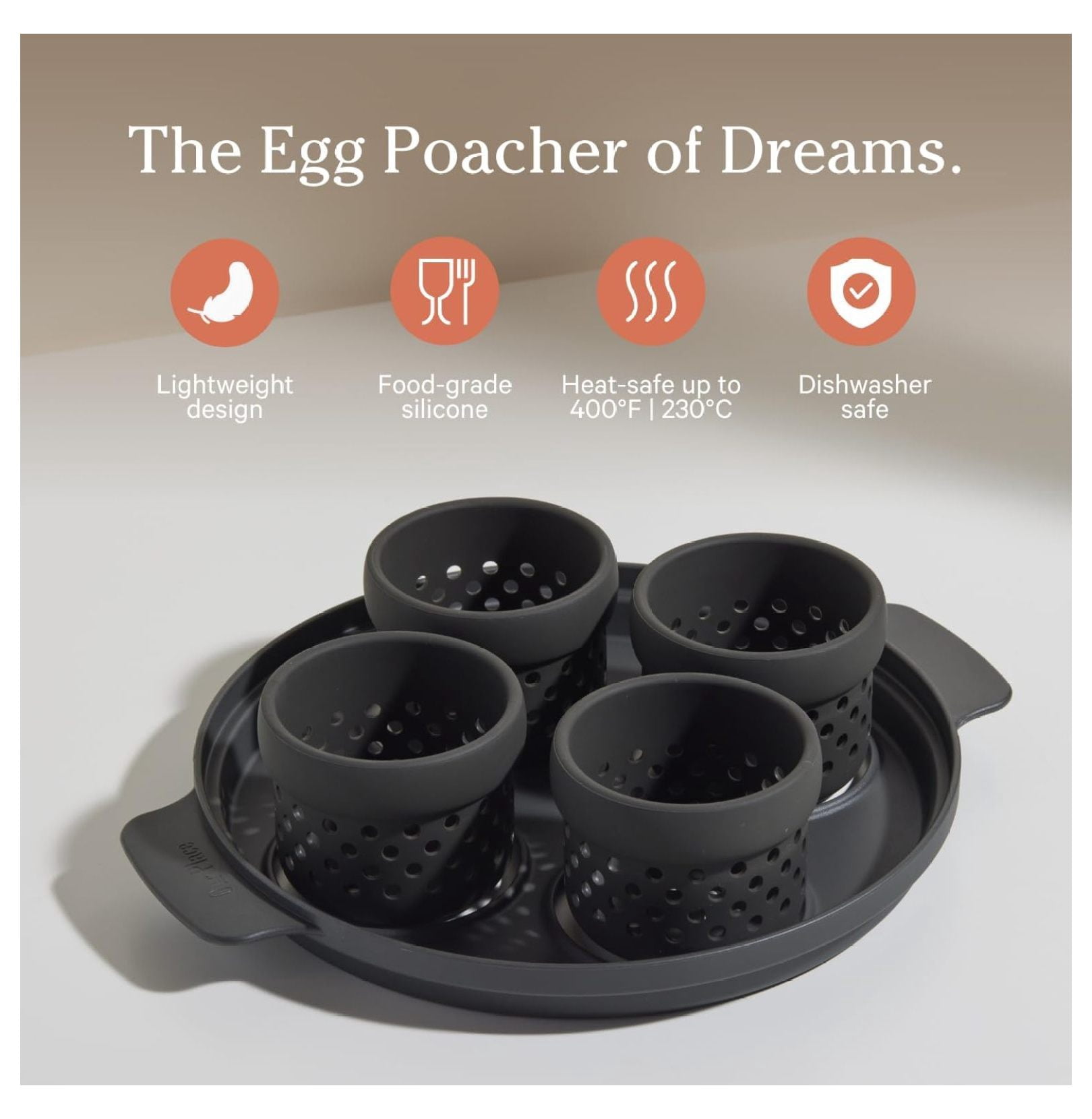Silicone Egg Poacher Add-On - Easy-Use Poaching Set | Fail-Proof Water Bath Design | Includes Sturdy Nylon Platter & Perforated Cups | BPA-Free, Dishwasher Safe | Char