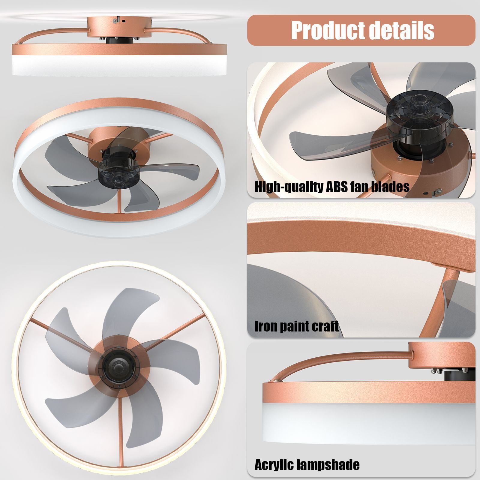 Aukfa 20" Bladeless Ceiling Fan with Light and Remote, Flush Mount Enclosed Design, Dimmable 3 LED Light Colors, Rose Gold