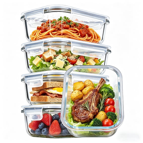 Sindcom 5Pack 22oz Glass Storage Containers with Lids, Glass Meal Prep Food Container Sets with Snap Airtight Lids for Microwave, Oven, Freezer and Dishwasher
