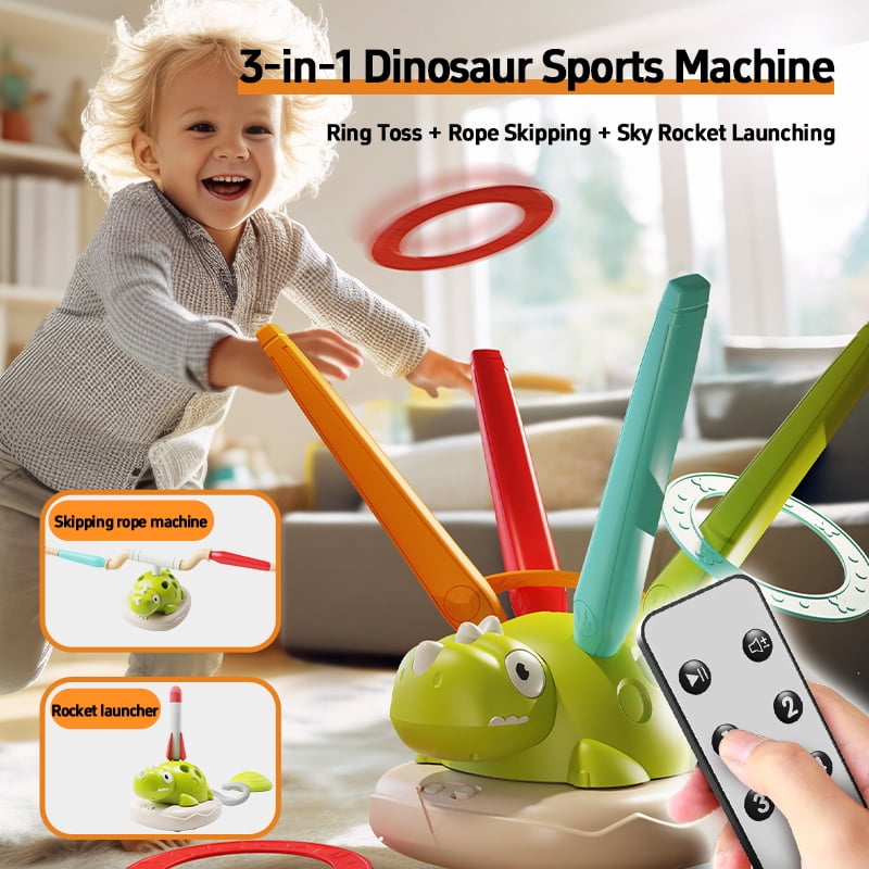 3-in-1 Dinosaur Musical Jumping Game, Toss Ring and Rocket Launcher with Remote Control, Kids Outdoor Indoor Toy Ages 3-8, No Battery