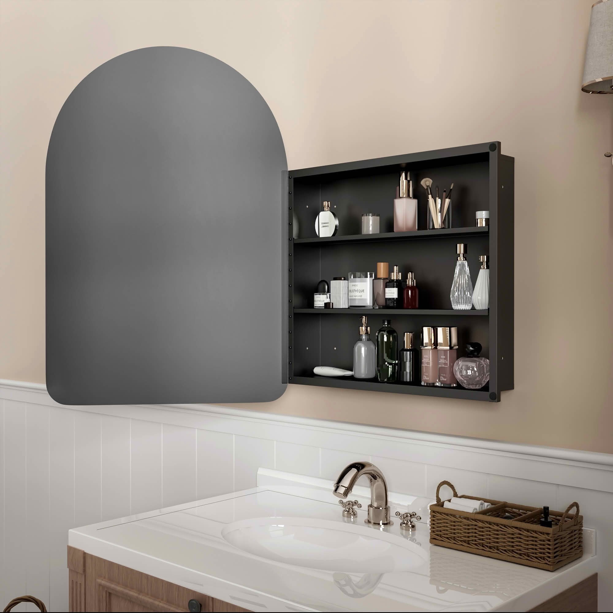MAYEERTY 36x24x5 Inch Gold Metal Round Corner Arched Medicine Cabinet for Bathroom