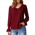 thumbnail image 3 of Camisa de Larga para Mujer, Moda de Otoño, Color Liso, Cuello en V, Camiseta de Larga. Vino Tinto L, 3 of 6